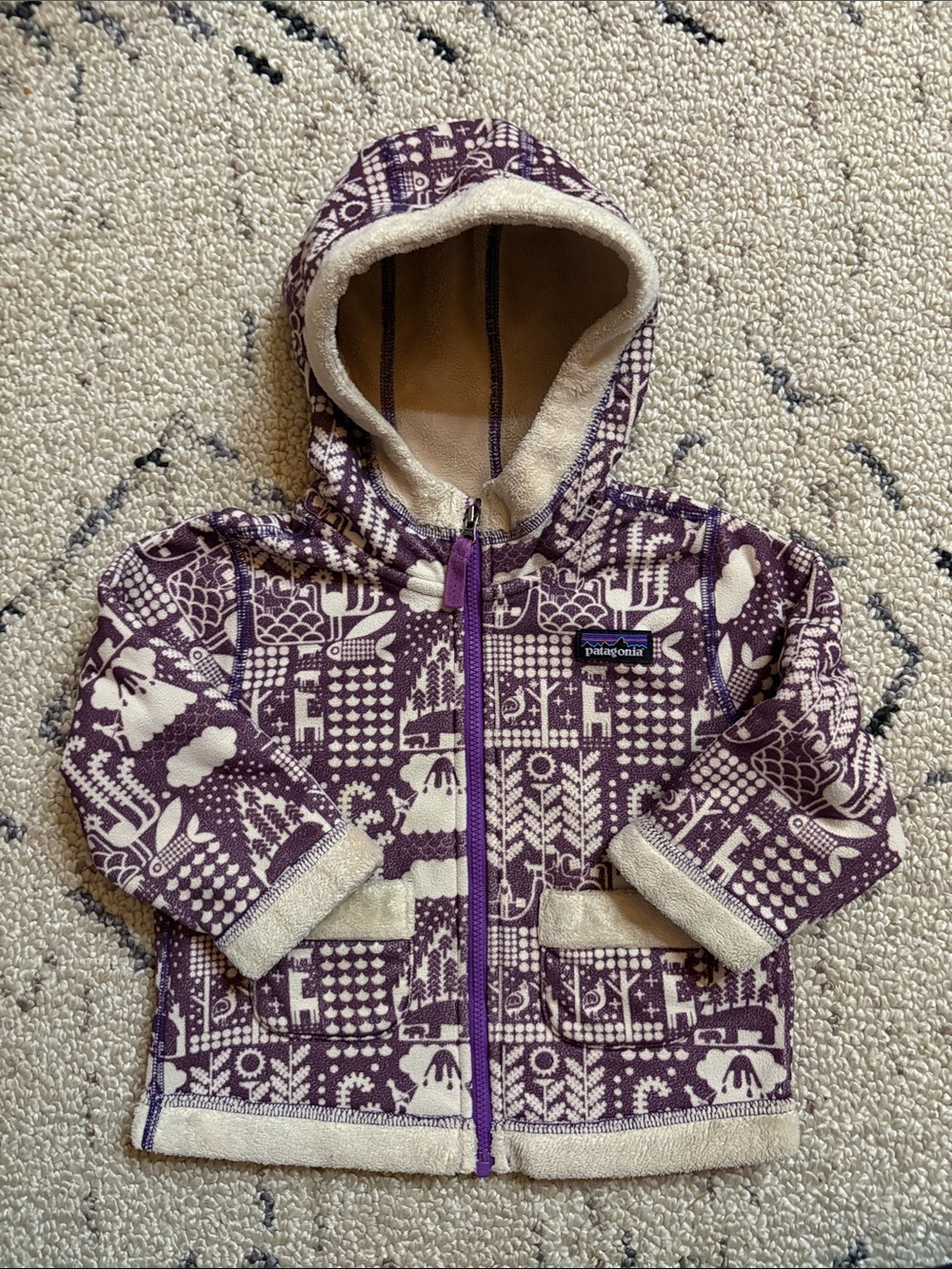 Patagonia Baby Reversible Hoody Fleece Jacket Size 12-18M Purple Print